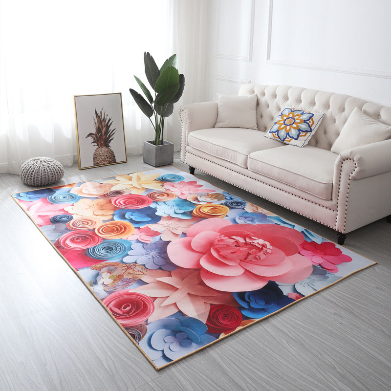 Multi Color Geometric Floral Rug Cotton Mid-Century Modern Rug Pet-Friendly Anti-Slip Rug for Room - Red-Blue - Clearhalo - 'Area Rug' - 'Rug' - 2121931