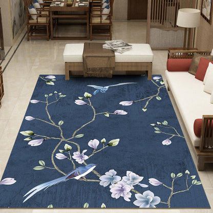 Pretty Multi Color Chinese Rug Synthetics Flower Drawing Print Carpet Machine Wash Anti-Slip Backing Pet Friendly Rug for Living Room - Dark Blue - Clearhalo - 'Area Rug' - 'Rug' - 2170429