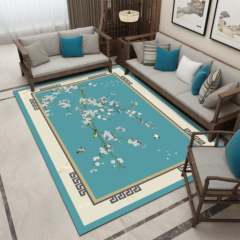 Pretty Multi Color Chinese Rug Synthetics Flower Drawing Print Carpet Machine Wash Anti-Slip Backing Pet Friendly Rug for Living Room - Sky Blue - Clearhalo - 'Area Rug' - 'Rug' - 2170433