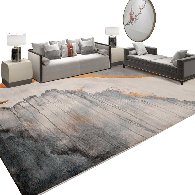 Grey Abstract Ink Painting Rug Polyester Industrial Area Carpet Stain Resistant Pet Friendly Non-Slip Rug for Living Room
