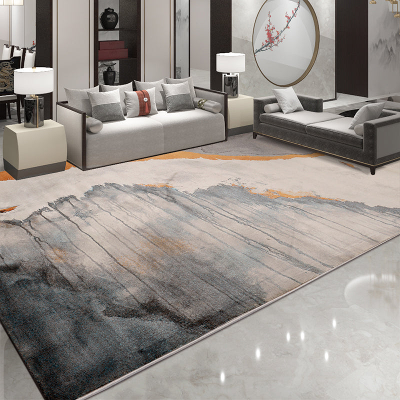 Grey Abstract Ink Painting Rug Polyester Industrial Area Carpet Stain Resistant Pet Friendly Non-Slip Rug for Living Room