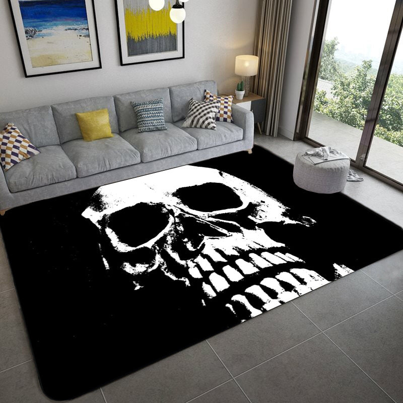Hip Hop Living Room Rug Black Optical Illusions Skull Carpet Polypropylene Stain Resistant Pet Friendly Anti-Slip Backing Area Rug