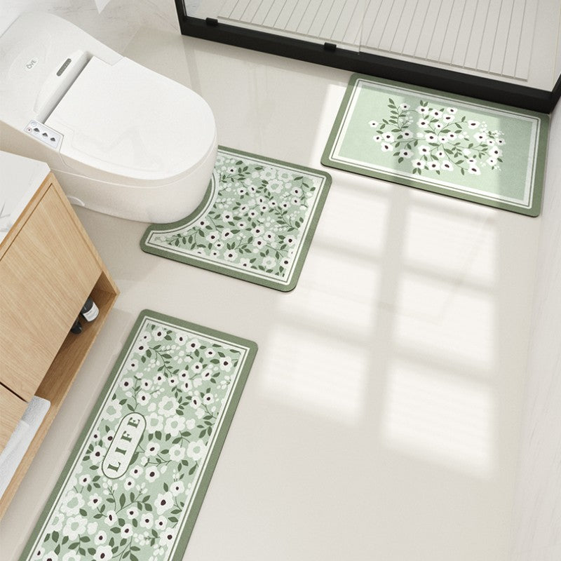 Feblilac White Flower Green Leaves Oval New Tech Velvet Bathroom Mat Toilet U-Shaped Floor Mat - view 5