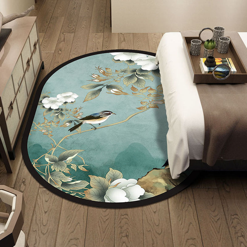 Multi-Color Chinoiserie Rug Synthetics Flower and Bird Print Rug Non-Slip Backing Pet-Friendly Rug for Bedroom - Green - Clearhalo - 'Area Rug' - 'Rug' - 2257205