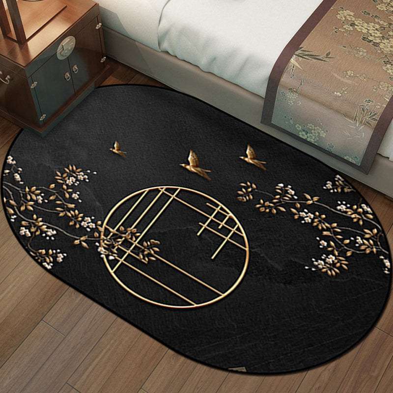 Multi-Color Chinoiserie Rug Synthetics Flower and Bird Print Rug Non-Slip Backing Pet-Friendly Rug for Bedroom - Black - Clearhalo - 'Area Rug' - 'Rug' - 2257214