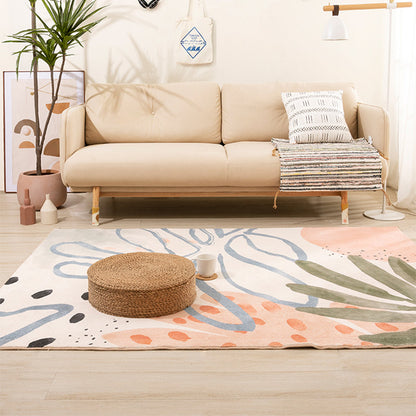 Nordic Palm Leaf Drawing Rug White Polypropylene Rug Pet Friendly Stain Resistant Anti-Slip Backing Rug for Girls Room