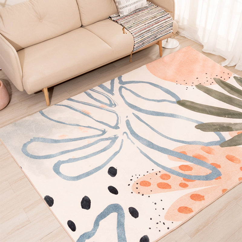 Nordic Palm Leaf Drawing Rug White Polypropylene Rug Pet Friendly Stain Resistant Anti-Slip Backing Rug for Girls Room