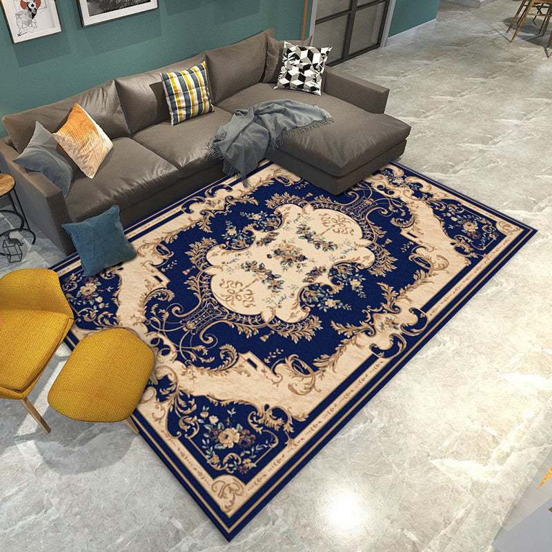 Retro Living Room Rug Multi Colored Flower Printed Area Carpet Polypropylene Non-Slip Backing Pet Friendly Rug Dark Blue Clearhalo 'Area Rug' 'Rugs' 'Vintage' Rug' 2285317