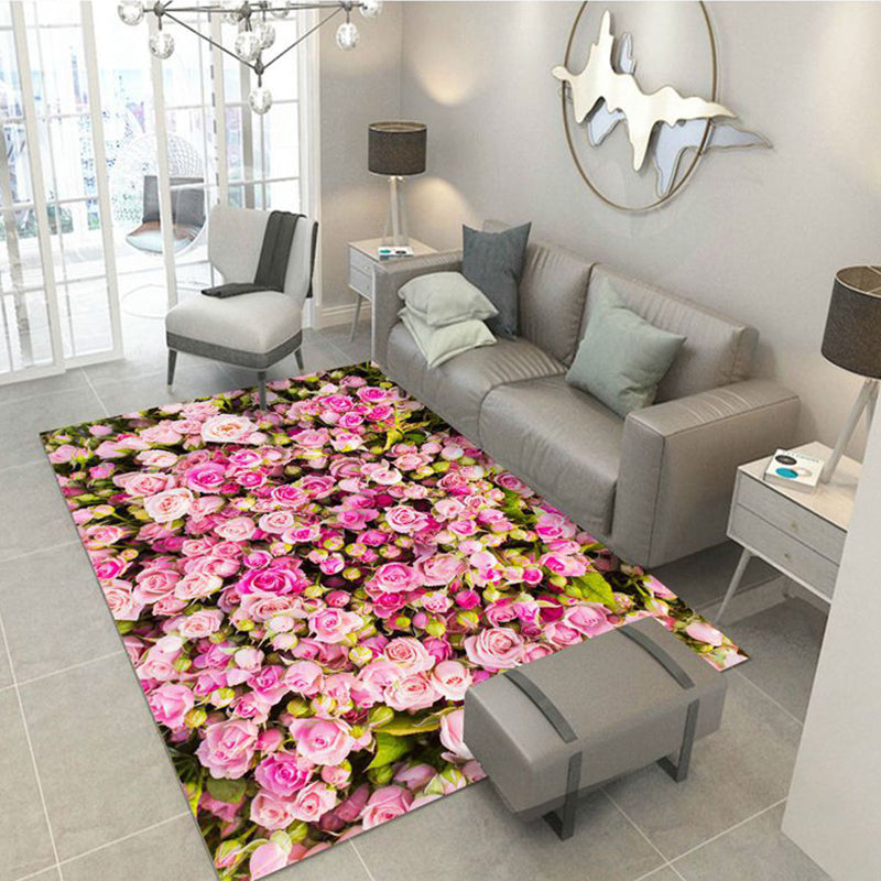 Multi-Color Flower Print Rug Cotton Blend Scandinavian Area Rug Pet Friendly Machine Washable Rug for Parlor - Pink-White - Clearhalo - 'Area Rug' - 'Rug' - 2296285