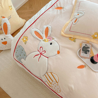 Feblilac Winter Sunflower and Animal Milk Fleece Four-Piece Bed Sets Coral Fleece Quilt Cover