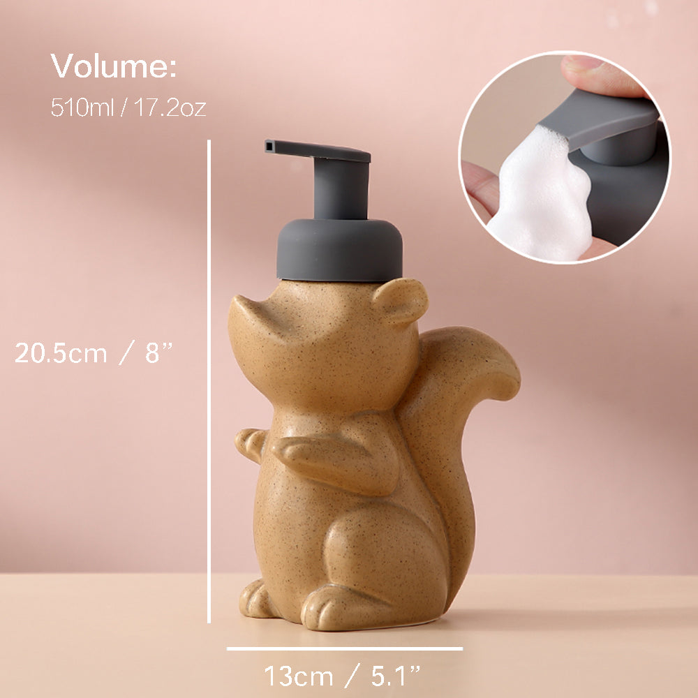 Ceramic Soap Dispenser, Squirrel Foaming Pump Bathroom Bottle, Animal Design, Refillable Reusable Lotion Pump for Bathroom Kitchen, 510ml/17.2oz