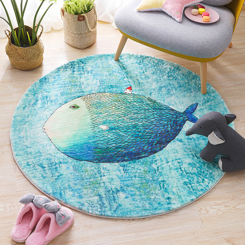 Cute Kids Bedroom Rug Blue Cartoon Printed Indoor Rug Lamb Wool Anti-Slip Backing Stain-Resistant Area Carpet