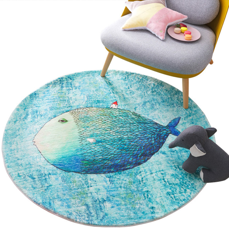 Cute Kids Bedroom Rug Blue Cartoon Printed Indoor Rug Lamb Wool Anti-Slip Backing Stain-Resistant Area Carpet