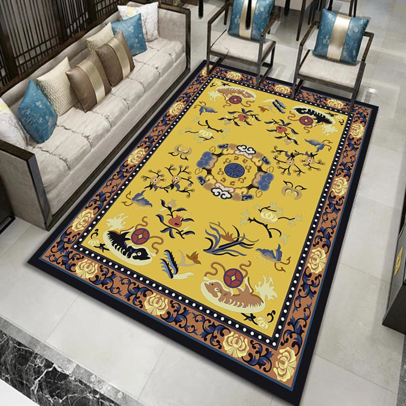 Chinese Floral Print Rug Multi-Color Synthetics Area Carpet Non-Slip Backing Easy Care Washable Indoor Rug for Parlor - Yellow - Clearhalo - 'Area Rug' - 'Rug' - 2393395