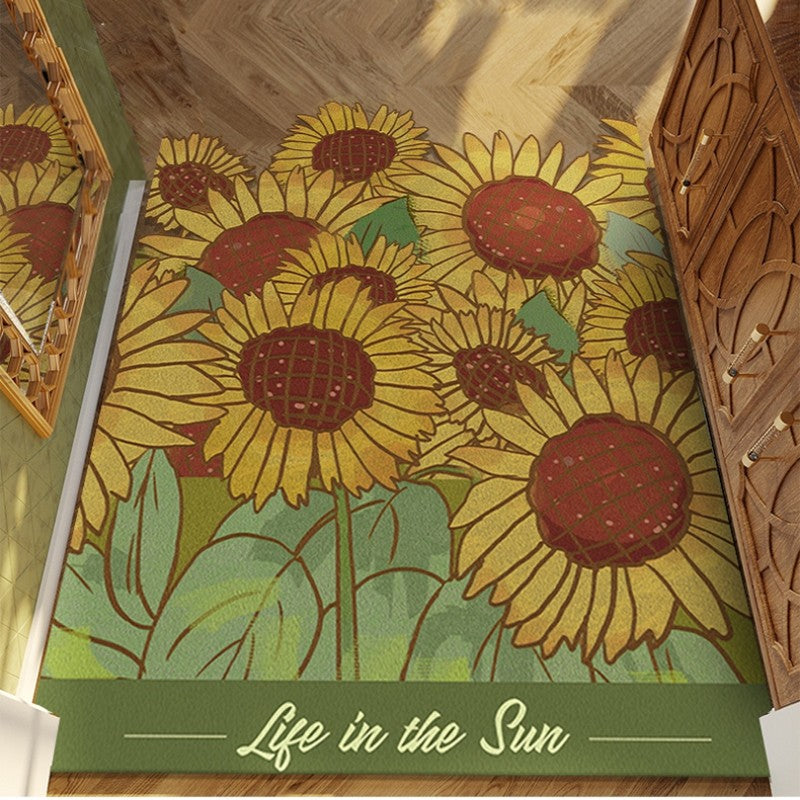 Feblilac Sunflowers And Green Leaves PVC Leather Entrance Door Mat