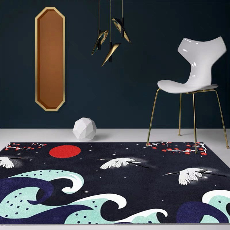 Nordic Crane Patterned Rug Multi-Color Synthetics Area Carpet Pet Friendly Easy Care Stain-Resistant Rug for Room