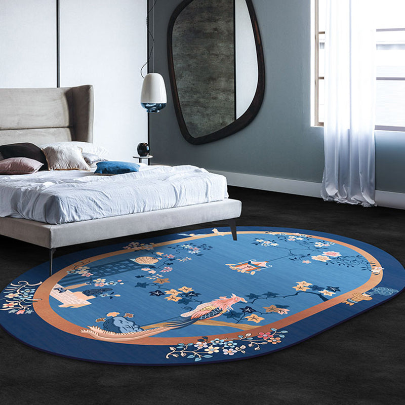 Blue Flower Printed Rug Cotton Blend Vintage Area Carpet Non-Slip Backing Stain-Resistant Indoor Rug for Bedroom - Clearhalo - 'Area Rug' - 'Rug' - 2480374