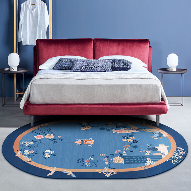 Blue Flower Printed Rug Cotton Blend Vintage Area Carpet Non-Slip Backing Stain-Resistant Indoor Rug for Bedroom - Clearhalo - 'Area Rug' - 'Rug' - 2480376