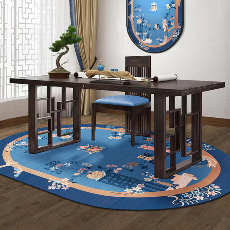 Blue Flower Printed Rug Cotton Blend Vintage Area Carpet Non-Slip Backing Stain-Resistant Indoor Rug for Bedroom - Clearhalo - 'Area Rug' - 'Rug' - 2480377