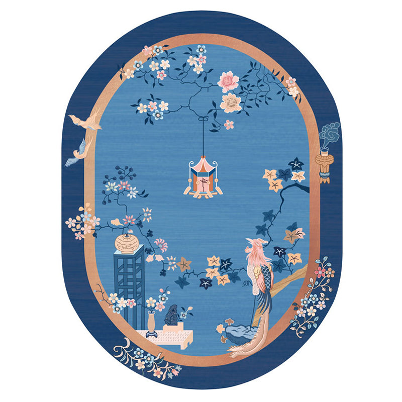 Blue Flower Printed Rug Cotton Blend Vintage Area Carpet Non-Slip Backing Stain-Resistant Indoor Rug for Bedroom - Clearhalo - 'Area Rug' - 'Rug' - 2480379