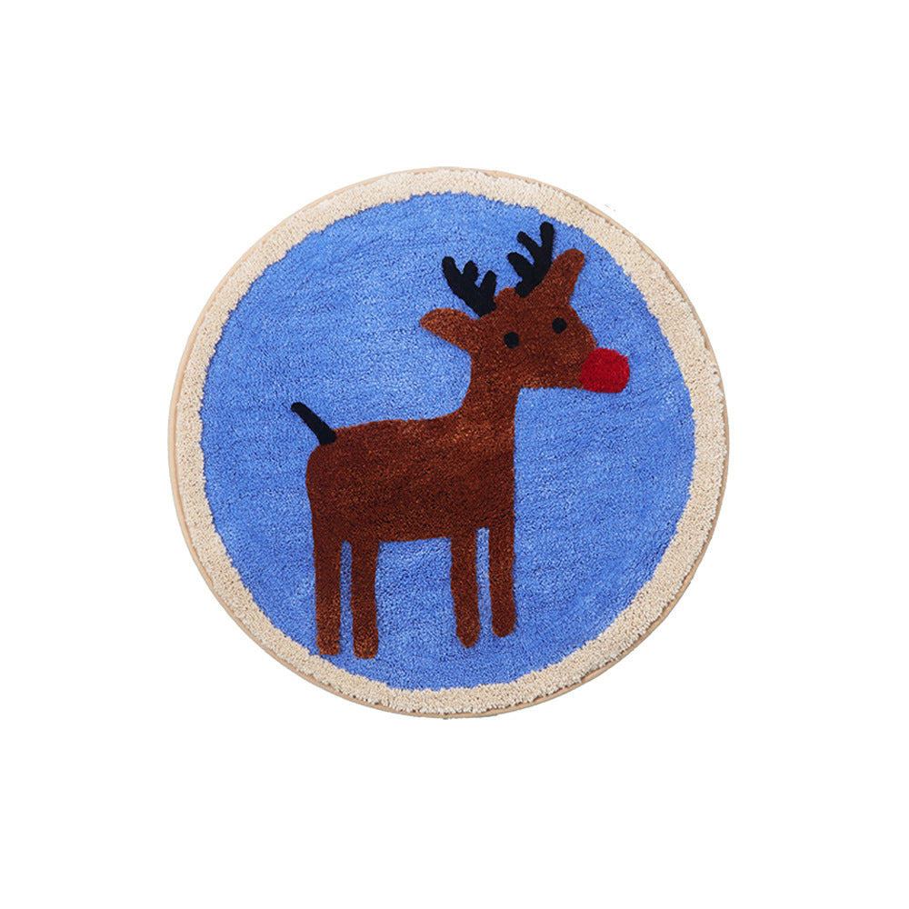 Feblilace Round Merry Christmas Reindeer ELK Green/Blue Ground Bath Mat - Feblilac® Mat