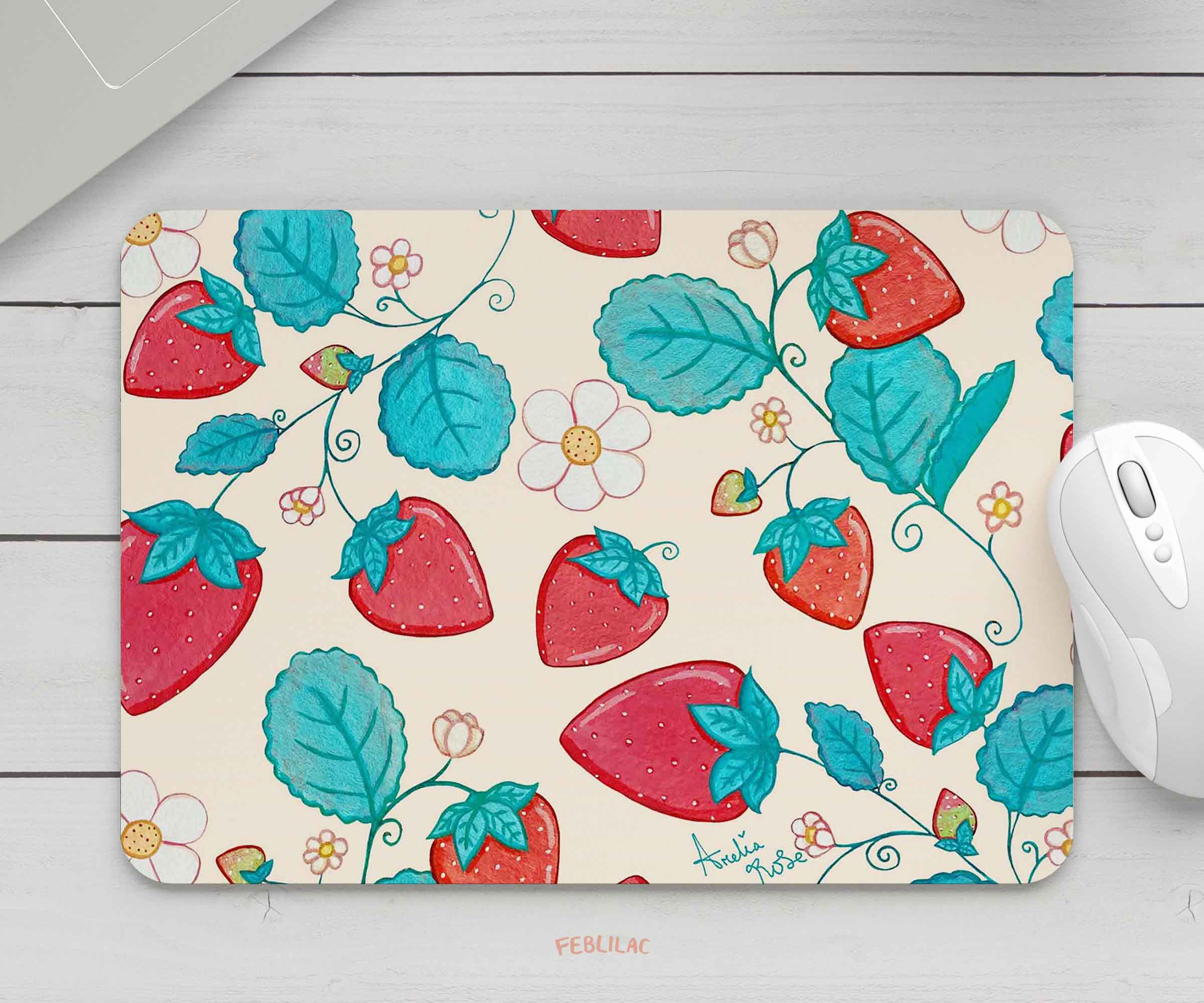 Feblilac Strawberries and Cream Mouse Pad by AmeliaRose Illustrations from UK