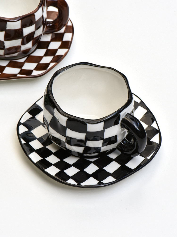 Nordic Style Checkerboard Mug, Ceramic Coffee Tea Cup with Saucer