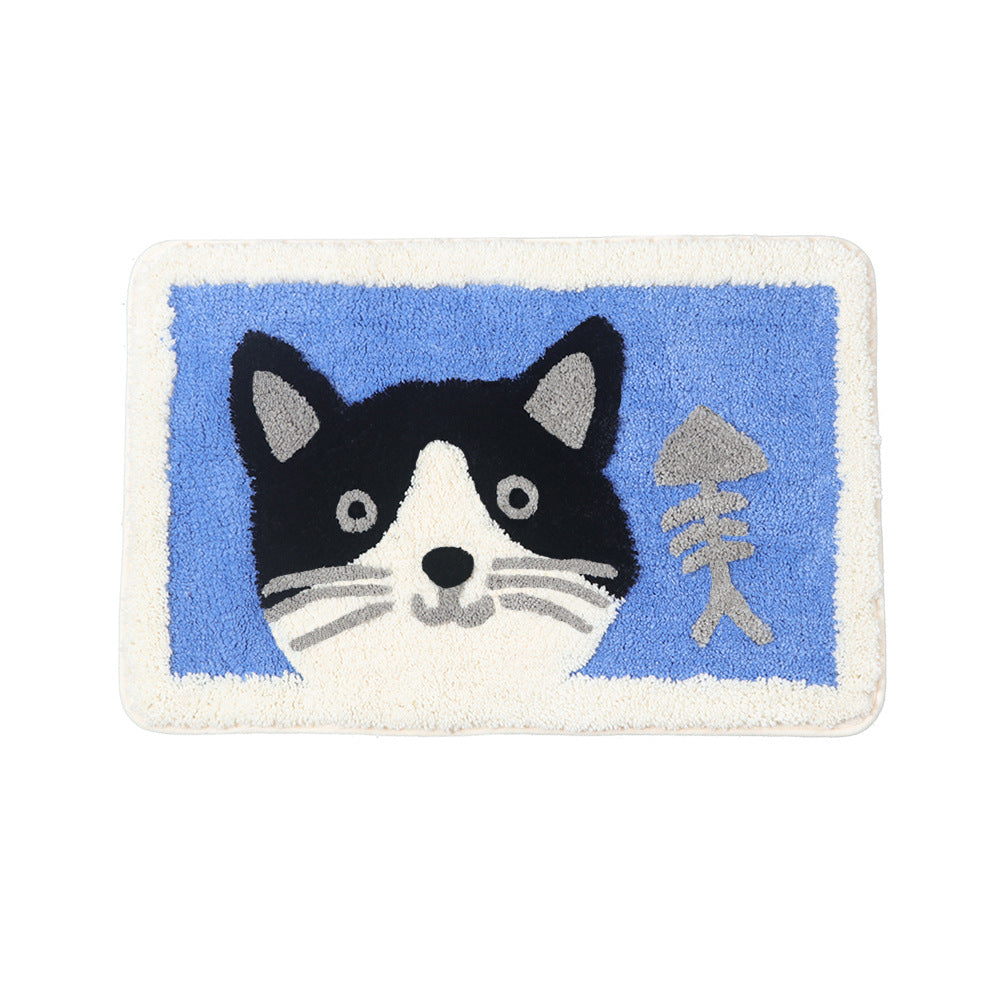 Feblilac Cat and the Fishbone Blue Ground Bath Mat - Feblilac® Mat