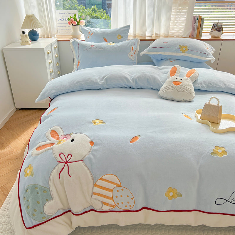 Feblilac Winter Sunflower and Animal Milk Fleece Four-Piece Bed Sets Coral Fleece Quilt Cover