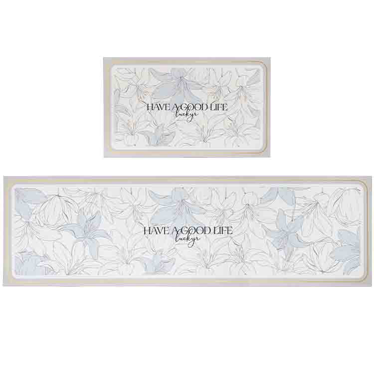 Have a Good Life Grey and Blue Flower Kitchen Mat