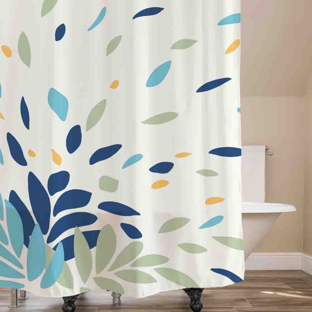 Feblilac Green Blue Flying Leaves Shower Curtain with Hooks - Feblilac® Mat