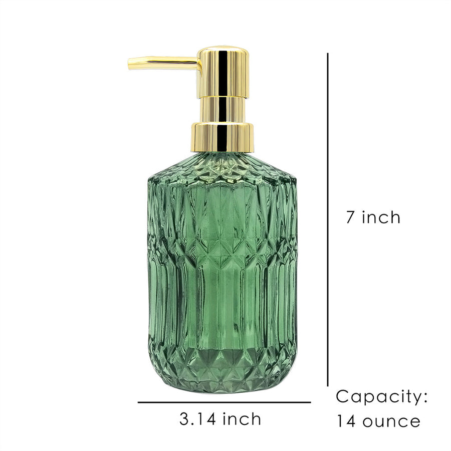 Clear Green Glass Soap Dispenser, Rhomb Pattern Pump Bottle, 400ml/14 oz - view 2