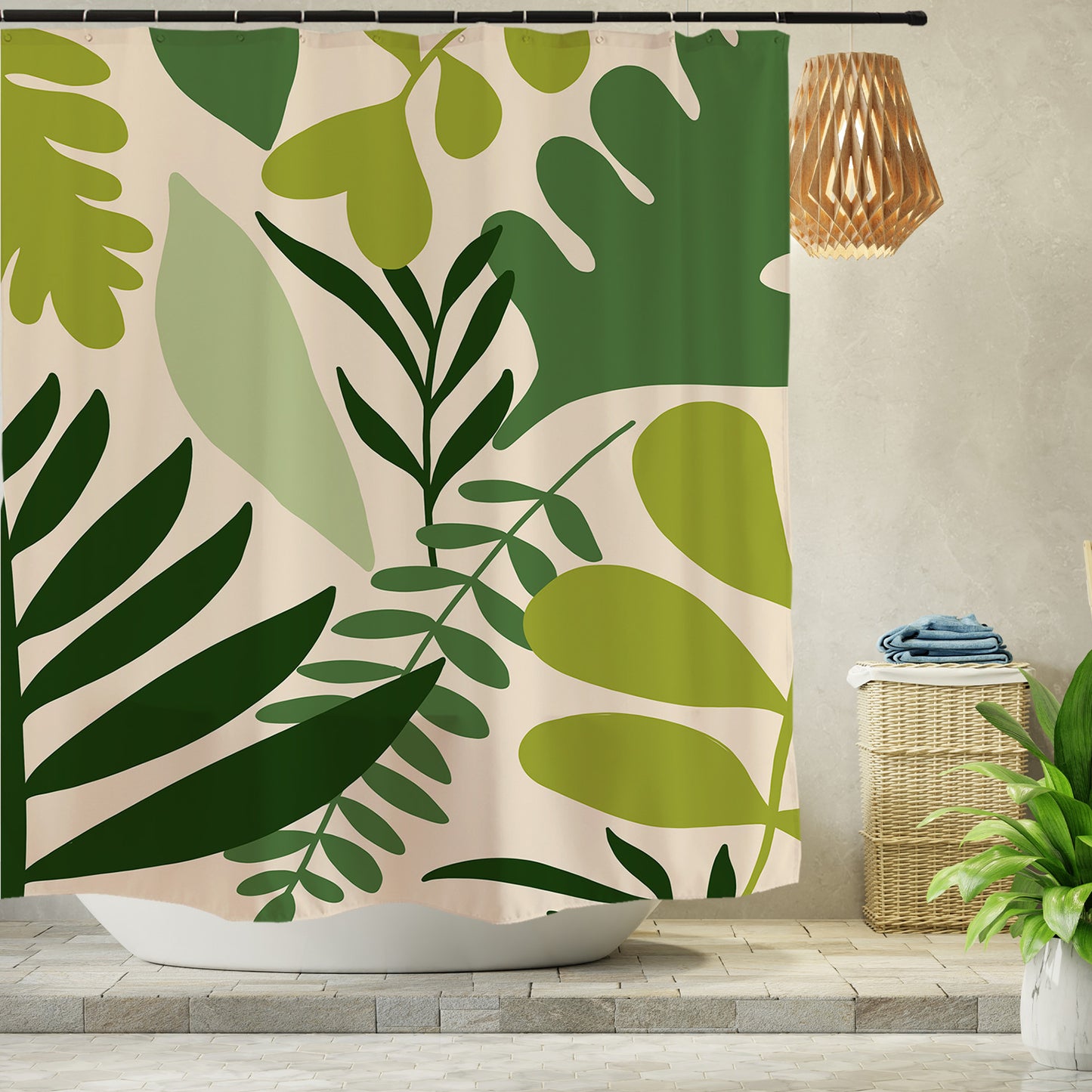 Feblilac Green Tropical Plant Leaves Shower Curtain with Hooks