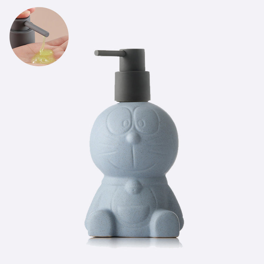 Off white Ceramic Soap Dispenser, Liquid Bathroom Bottle, Blue Robot-Cat, Refillable Reusable Lotion Pump for - view 2