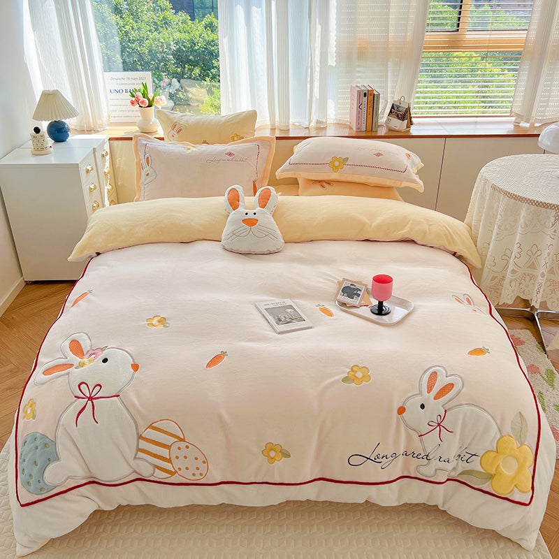Feblilac Winter Sunflower and Animal Milk Fleece Four-Piece Bed Sets Coral Fleece Quilt Cover