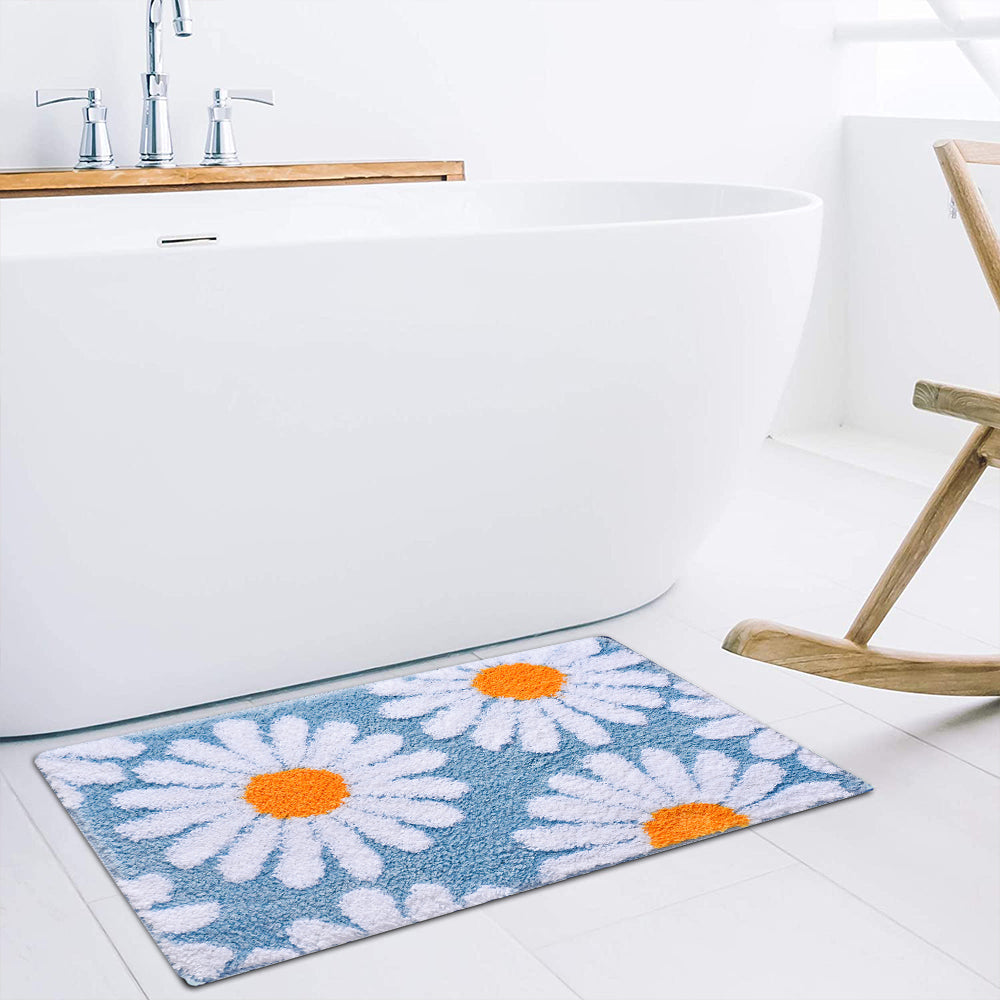 Feblilac Sky Blue Daisy Bath Mat, Flower Floral Bathroom Rug, Soft Plush Water-Absorbent Mat - Feblilac® Mat