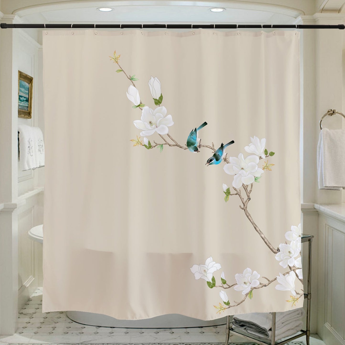 Two Birds and White Flowers Shower Curtain