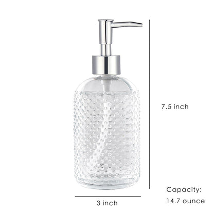 Clear Glass Soap Dispenser, Dot Design Pump Bottle, 420ml/14.7 oz