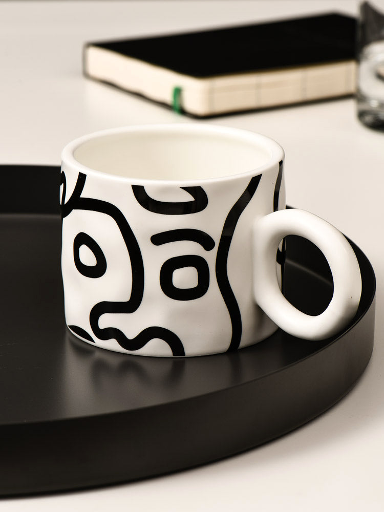 Nordic Style Graffiti Mug, Black and White Ceramic Cup for Coffee and Tea - view 3