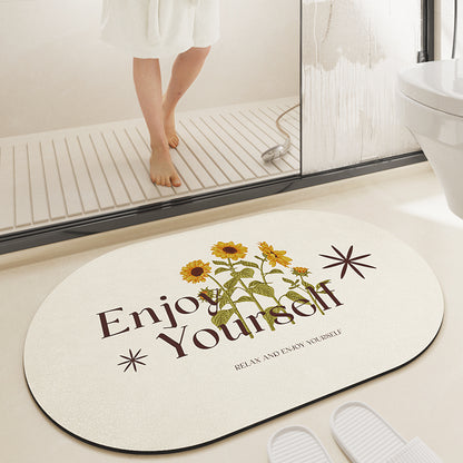 Feblilac Sunflower Oval New Tech Velvet Bathroom Mat Toilet U-Shaped Floor Mat