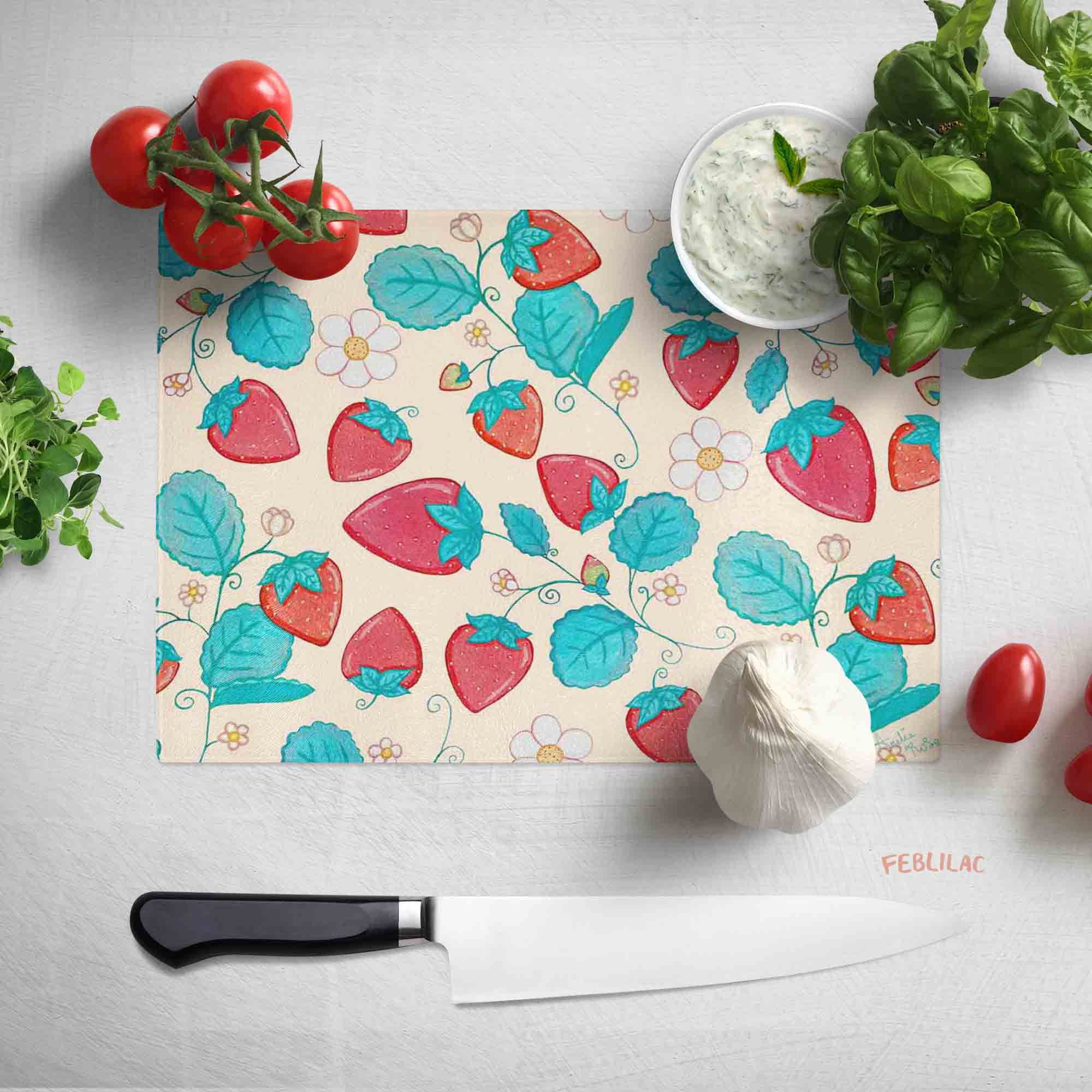 Feblilac Strawberries and Cream Cup and Dish Placemat by AmeliaRose Illustrations from UK