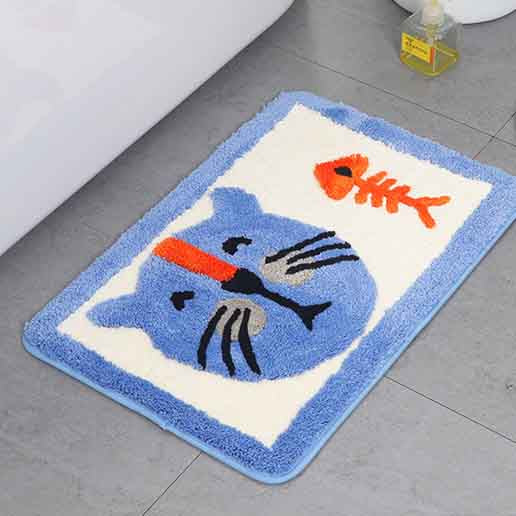 Feblilac Cat and the Fishbone Blue Ground Bath Mat - Feblilac® Mat