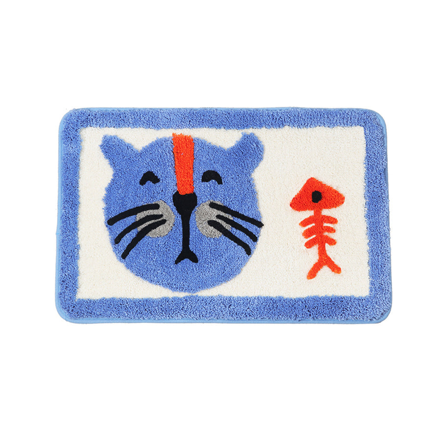 Feblilac Cat and the Fishbone Blue Ground Bath Mat - Feblilac® Mat