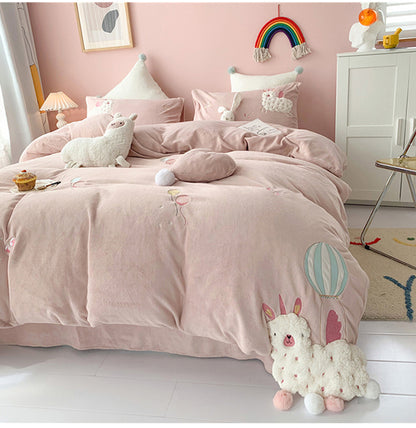 Feblilac Winter Sunflower and Animal Milk Fleece Four-Piece Bed Sets Coral Fleece Quilt Cover