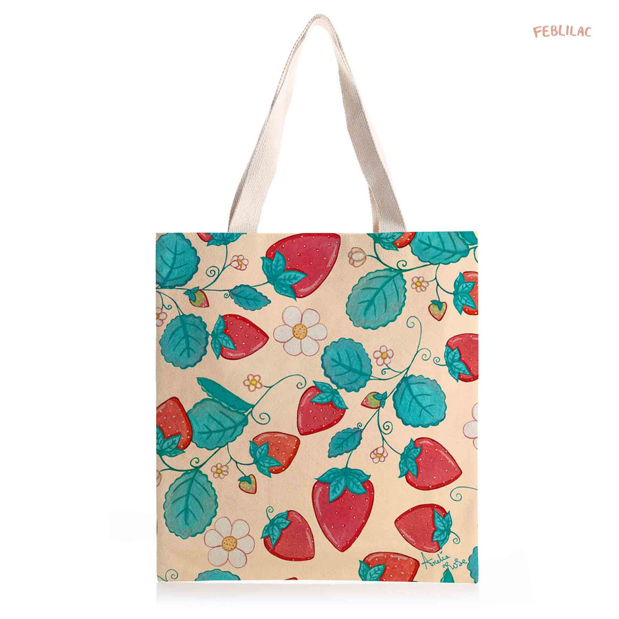 Feblilac Strawberries and Cream Canvas Tote Bag by AmeliaRose Illustrations from UK - view 2