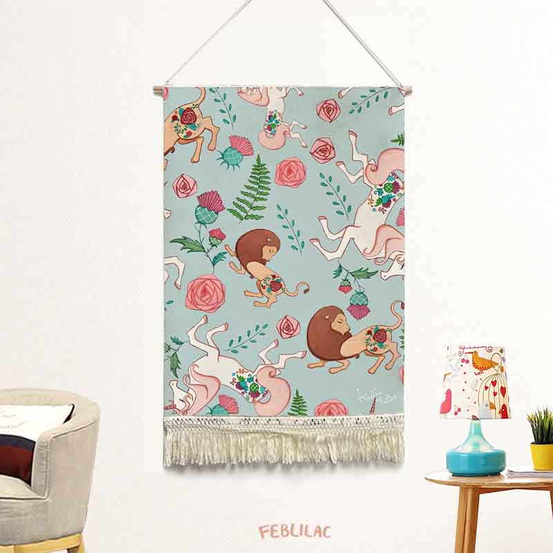 Feblilac The Lion and the Unicorn Handmade Macrame Hanging Wall Decor Art, Woven Tapestry, Wall Decoration by