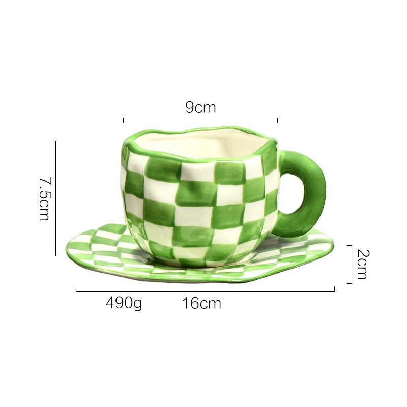 Nordic Style Checkerboard Mug, Ceramic Coffee Tea Cup with Saucer