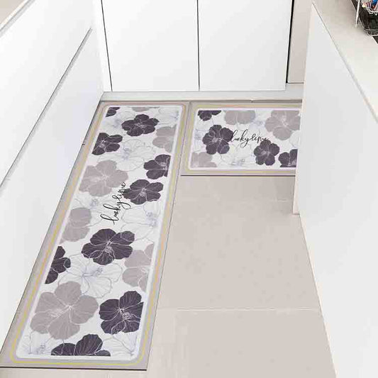 Black Grey and White Flower Kitchen Mat