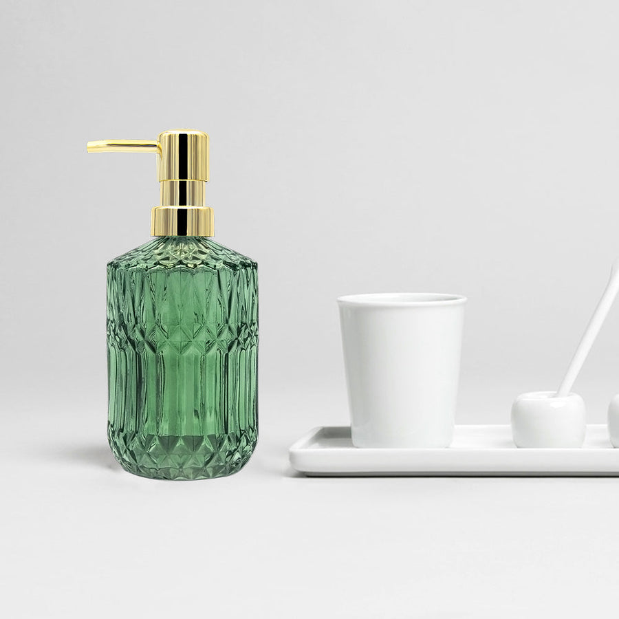 Clear Green Glass Soap Dispenser, Rhomb Pattern Pump Bottle, 400ml/14 oz - view 3