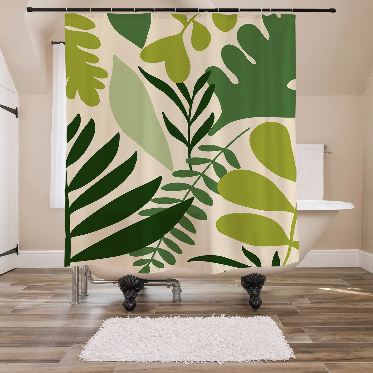 Feblilac Green Tropical Plant Leaves Shower Curtain with Hooks